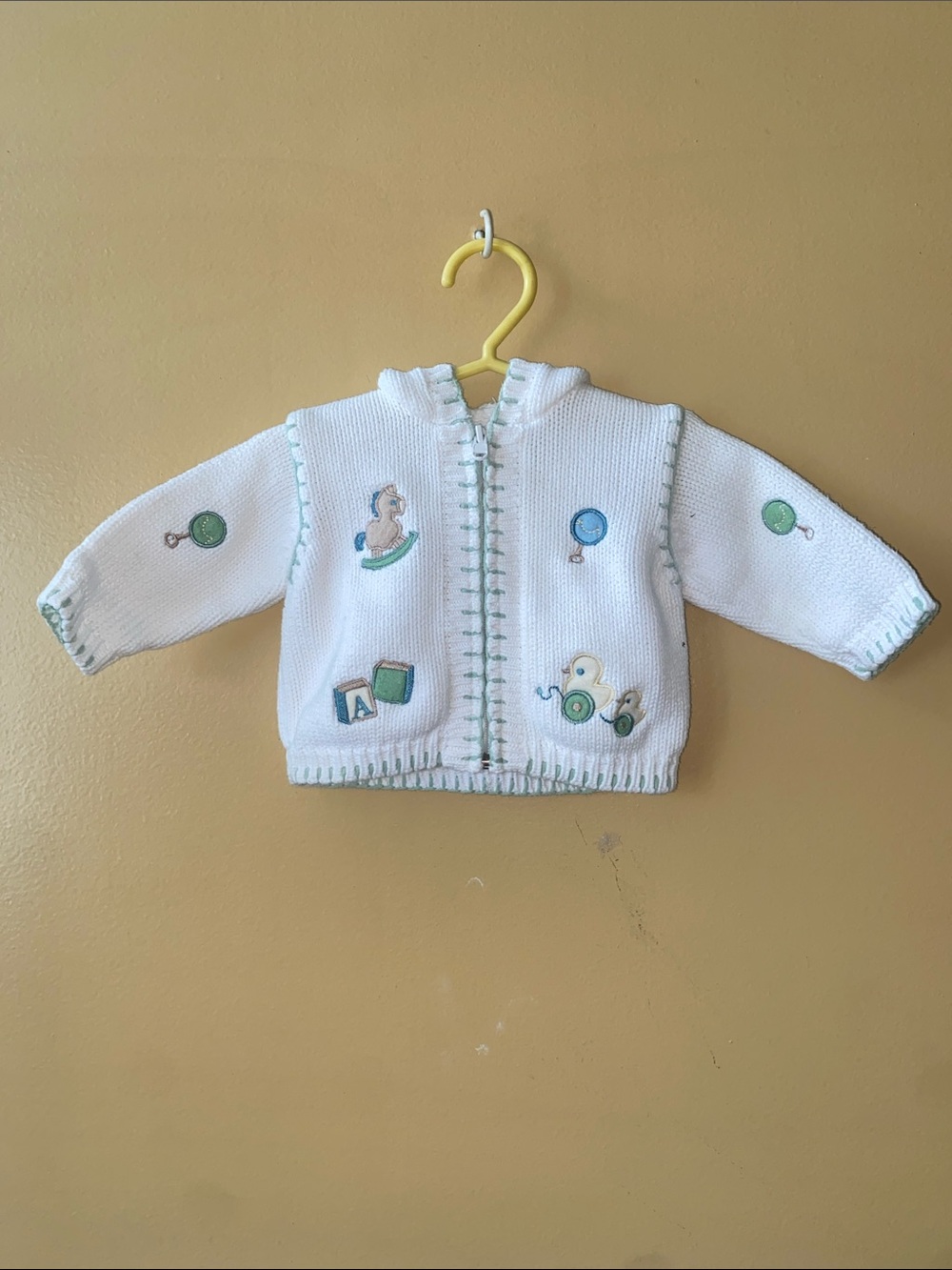 Baby Knit Zip-Up Hoodie with Toy Embroideries - White & Mint
